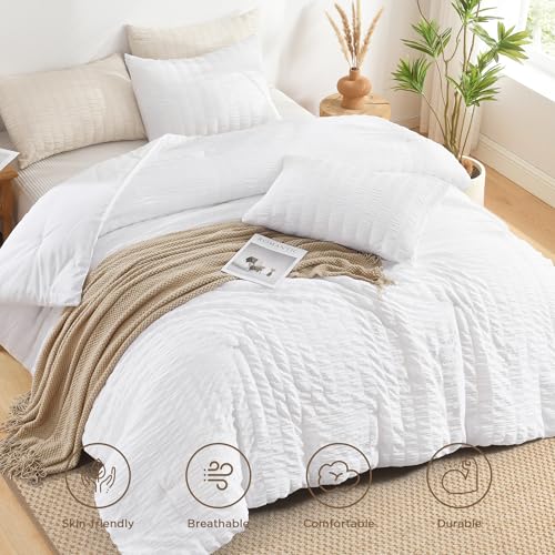 Seersucker Queen Comforter Set - 3 Piece Soft Washed Microfiber Bedding, White