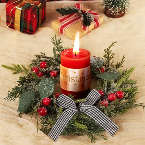Christmas Candle Ring Wreaths with Snow, Berries & Plaid Bow - 4 Pack