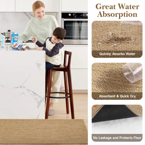 Washable Kitchen Rug Set of 2, Non-Slip Chenille Floor Mats, Khaki