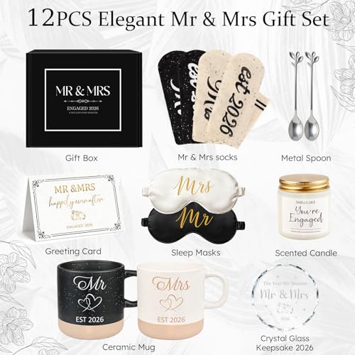 Mr & Mrs Gift Set for Couples - Wedding & Engagement Gift with Mugs, Candle & Keepsakes