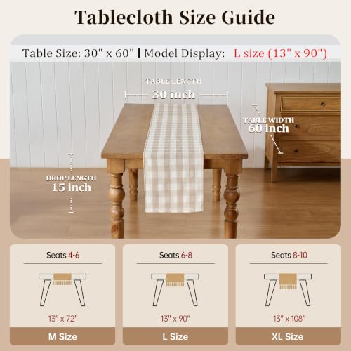 POSEAT Beige Gingham Table Runner 13x108 Inches - Classic Farmhouse Decor