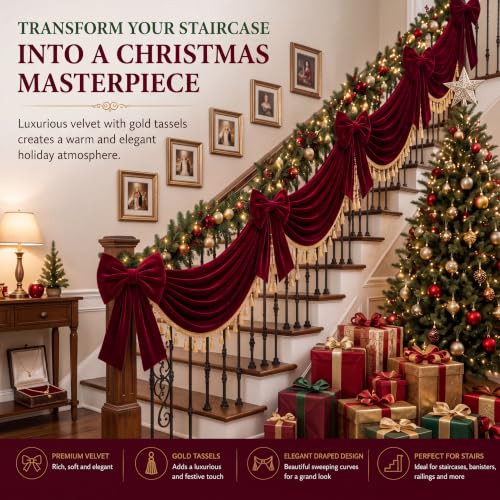 7.2 ft Burgundy Velvet Christmas Staircase Draping with 2 Large Bows