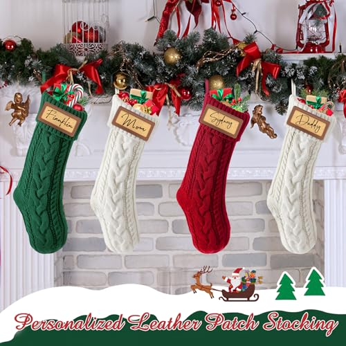 Green Personalized Christmas Stocking - 18.5” Knitted Family Holiday Decor with Leather Patches, Set of 4
