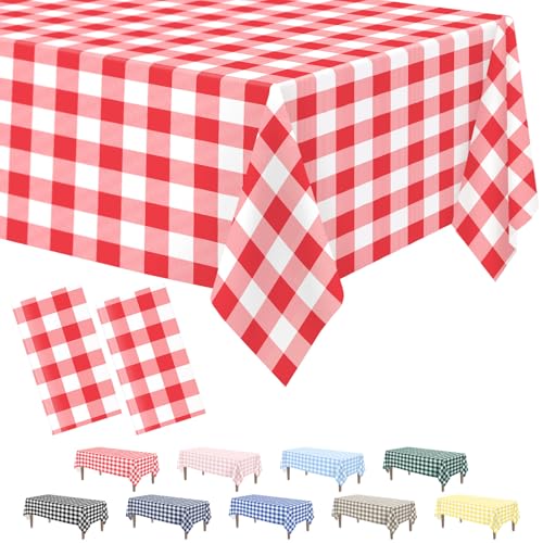 2 Pack Red Gingham Disposable Tablecloths, 54 x 108 Inch Plastic Table Cover