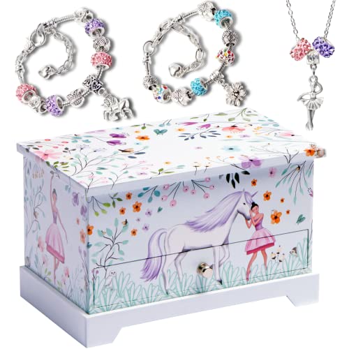 Unicorn Ballerina Musical Jewelry Box with Charm Bracelet and Necklace
