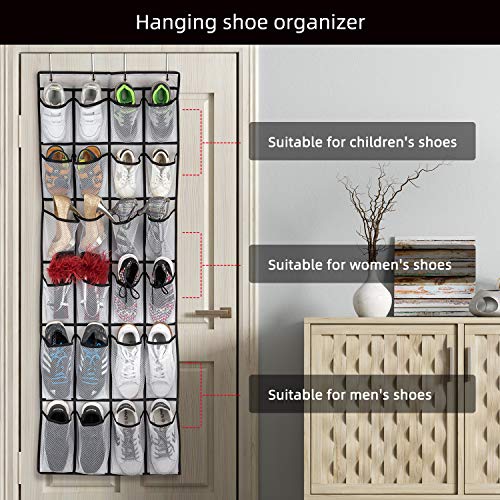 Over the Door Shoe Organizer with 24 Large Mesh Pockets, White Hanging Storage