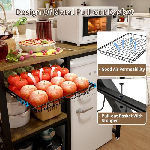 Mini Fridge Stand with Power Outlets and Adjustable Shelves, Brown
