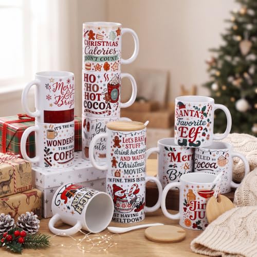 Modern 12-Piece Christmas Mug Set with Lids & Spoons - Employee Appreciation Gift
