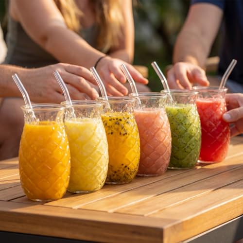 6-Pack Pineapple Drinking Glasses with Straws, 17 Oz Embossed Glassware