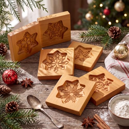 Ferrochef 6 Pack Snowflake Wooden Cookie Molds Christmas Baking Stamps