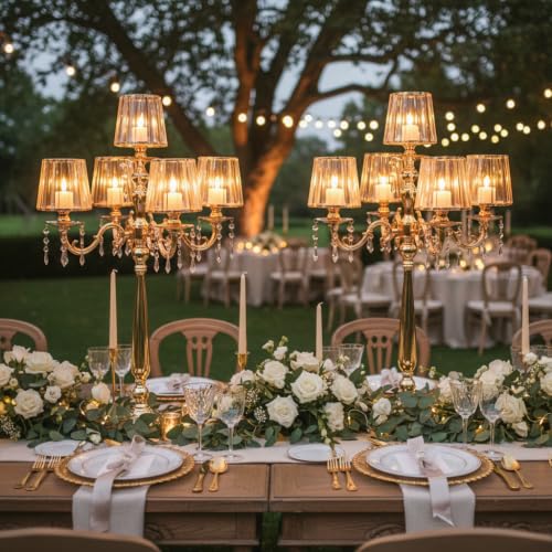 5-Arm Gold Candelabra Centerpiece 33-Inch Tall with Glass Shades & Crystal Pendants - VINCIGANT