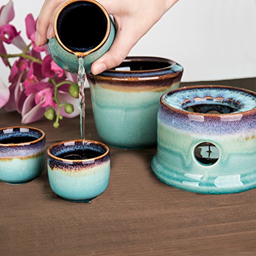 MyGift 7-Piece Sake Set with Ceramic Carafe, Cups & Warmer - Japanese Style