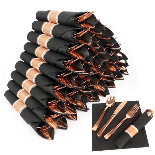 50 Pack Rose Gold & Black Plastic Silverware Set with Napkins - Disposable Party Utensils