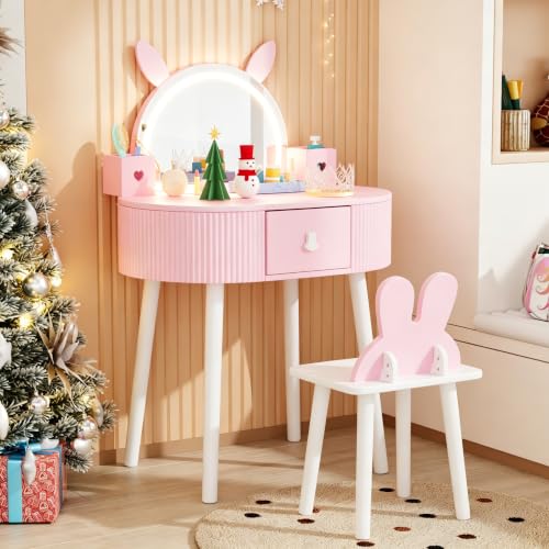 Kids Vanity Set with Lighted Mirror, Rabbit Design Table and Chair, Pink