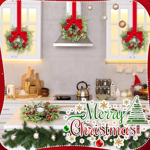 Dingion 18 Pcs Mini Christmas Wreath Set for Kitchen Cabinets - Pine Berries Snowy Decor