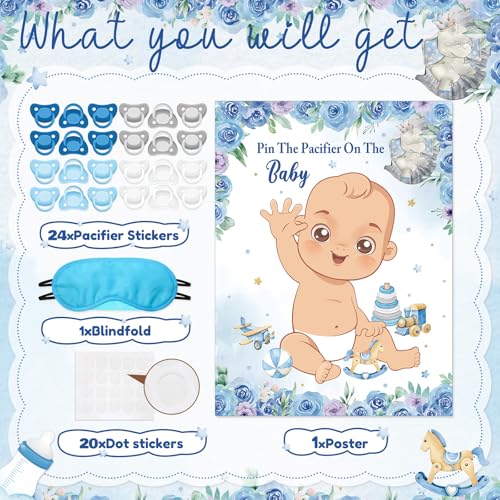 Pin the Pacifier Baby Shower Game - Blue Elephant Theme Party Activity