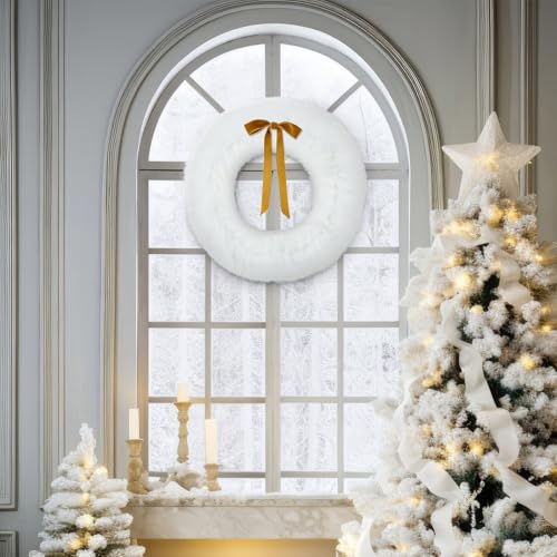 Suncalla 14-Inch White Furry Christmas Wreath with Khaki Bow - Holiday Door Decor