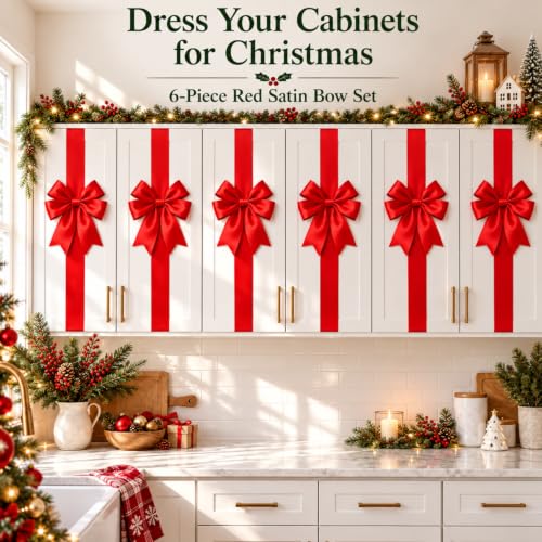 WILLBOND Red Satin Christmas Cabinet Bows - Set of 12 Holiday Kitchen Decor