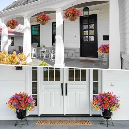 Artificial Outdoor Flowers with Hanging Baskets - Set of 2 UV Resistant Plants