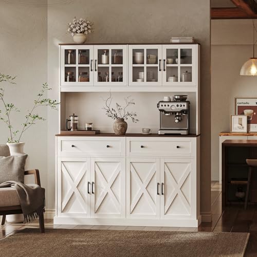 Tall Farmhouse Kitchen Pantry Cabinet with Charging Station and 2 Drawers
