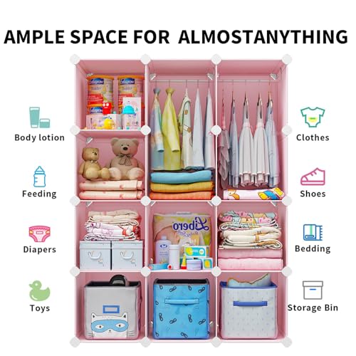12-Cube Portable Kids Wardrobe, Modular Baby Closet Organizer (Pink)
