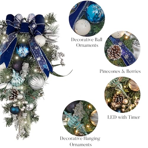 24-Inch Pre-Lit Christmas Teardrop Swag with LED Lights, Silver and Blue