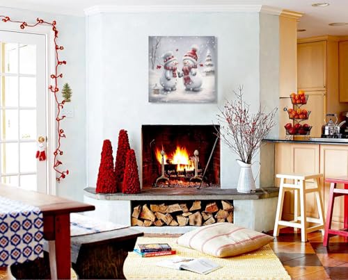 24x24 Inch Snowman Canvas Christmas Wall Art - Two Snowmen Playing in Snowfield, Ready to Hang Winter Decor