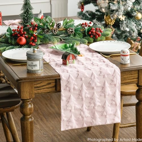 Pink Faux Fur Jacquard Christmas Tree Table Runner 13x90 Inch for Holiday Decor