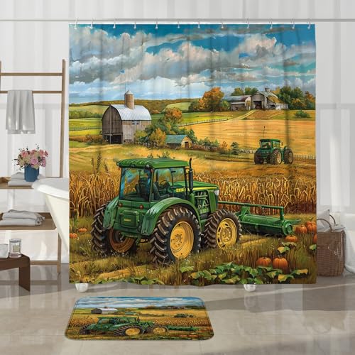 Green Tractor Farmhouse Bathroom Decor Set - 4 Piece Curtain & Rugs