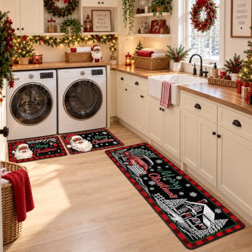 Christmas Kitchen Rugs and Mats Set - African American Santa Variation, 3-Piece Holiday Floor Mat Collection