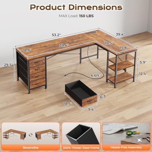 55-Inch L-Shaped Computer Desk with Drawers, Power Outlets and USB-C Port