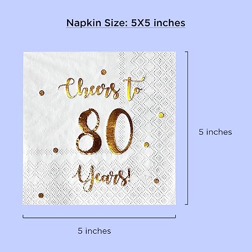 Cheers to 80 Years Cocktail Napkins - Gold Foil 80th Birthday Party Supplies