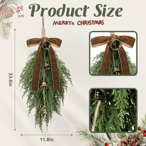 2 Pack Artificial Christmas Cedar Teardrop Swags with Velvet Bow and Bells