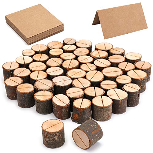 50-Piece Rustic Wooden Place Card Holders with Kraft Paper Cards