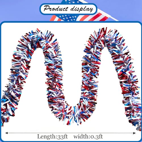 33ft Red White and Blue Patriotic Tinsel Garland for 4th of July Decor