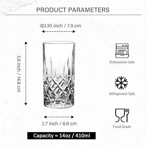 BinSakao Style A Highball Glass Set of 6, 14oz Tall Drinkware for Cocktails & Beverages