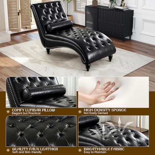 Modern Faux Leather Chaise Lounge Chair with Tufted Buttons and Pillow