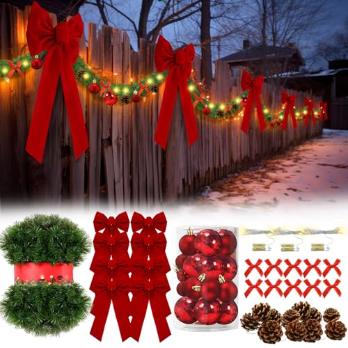 100 ft Christmas Garland with Lights and Red Bows for Fence Decor