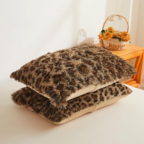 Fluffy Faux Fur Duvet Cover Set - Queen Soft Shaggy Leopard Print Bedding