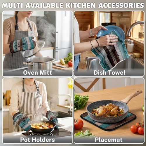 8-Piece Teal Rustic Kitchen Decor Set with Towels, Oven Mitts & Pot Holders