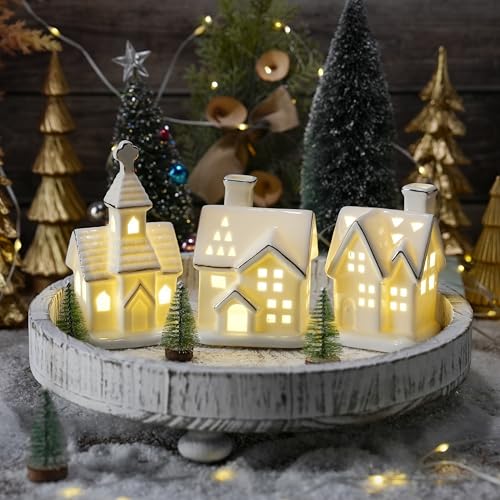White Ceramic Light-Up Christmas Village Houses Set with Mini Trees