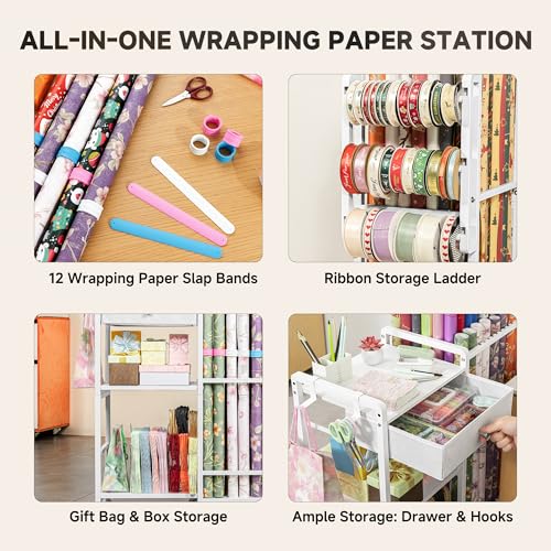 Rolling Gift Wrap Station & Wrapping Paper Storage Cart with 9 Rods