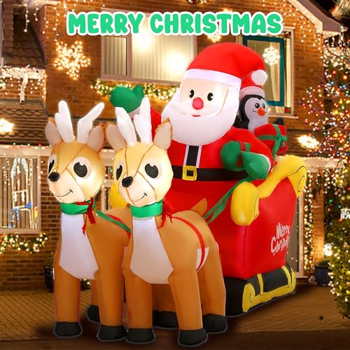 SUNGIFT 6ft Inflatable Santa Sleigh with Reindeer & LED Lights Christmas Decor