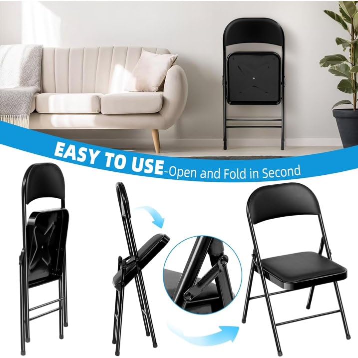 6 Pack Heavy Duty Padded Folding Chairs, 350 lbs Capacity, Black PU Leather