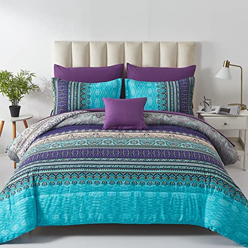 Boho Queen Comforter Set, 8 Piece Bed in a Bag Aqua Paisley Floral Microfiber