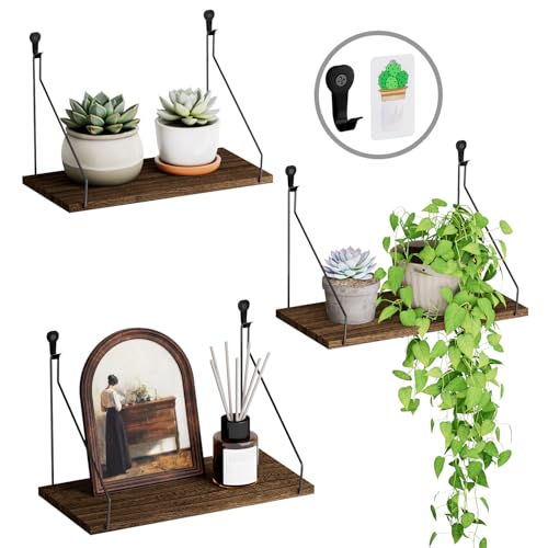 Rustic Paulownia Wood Floating Shelves - Set of 3, No-Drill Wall Storage