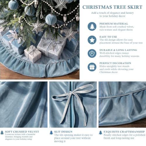 Blue and Silver Christmas Tree Skirt 48 Inch Luxury Velvet for Winter Holiday Decor