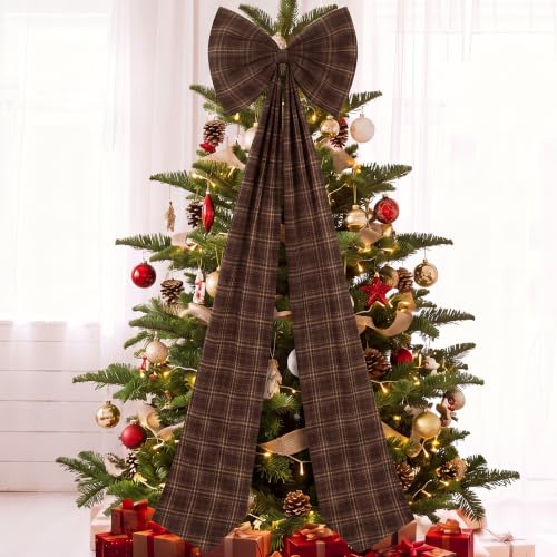 Norme 6 Ft Brown Tartan Plaid Christmas Tree Topper Bow - Large Holiday Decor