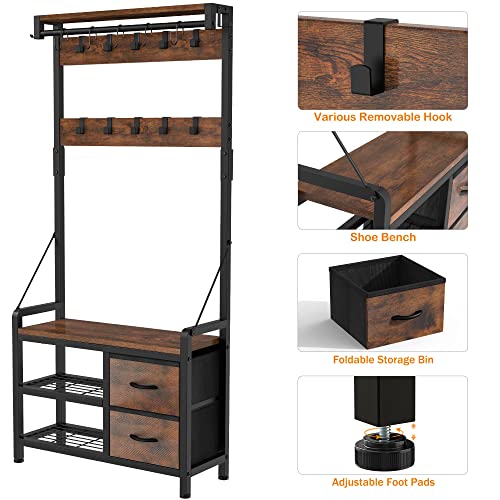 Rustic Hall Tree with Bench, Shoe Storage, 17 Hooks and 2 Drawers