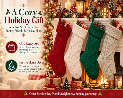 Fesciory 3 Pack 18in Cable Knit Christmas Stockings - Burgundy Ivory Green Set